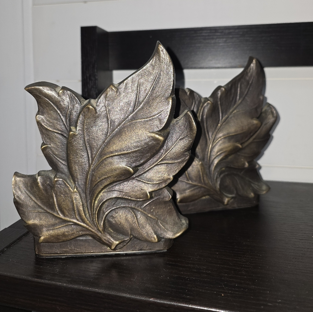 Two Vintage Solid Brass Leaf Book Ends Mid Century Modern